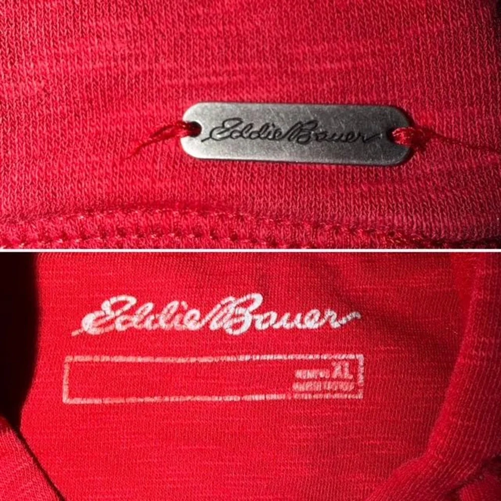 Eddie Bauer Red Knit Henley Hoodie - Button Placket Pullover Sweatshirt Men XL